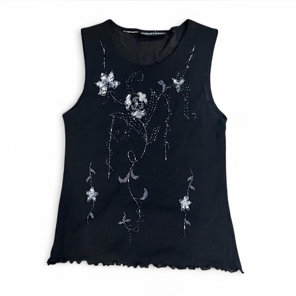 Black Beaded Floral Sleeveless Top